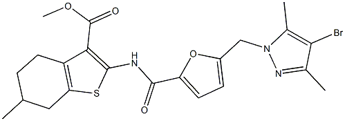 methyl 2-({5-[(4-bromo-3,5-dimethyl-1H-pyrazol-1-yl)methyl]-2-furoyl}amino)-6-methyl-4,5,6,7-tetrahydro-1-benzothiophene-3-carboxylate Struktur