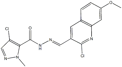 4-chloro-N'-[(2-chloro-7-methoxy-3-quinolinyl)methylene]-1-methyl-1H-pyrazole-5-carbohydrazide Struktur