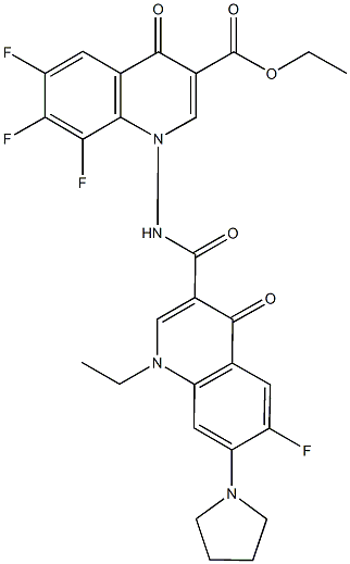 ethyl 1-{[(1-ethyl-6-fluoro-4-oxo-7-pyrrolidin-1-yl-1,4-dihydroquinolin-3-yl)carbonyl]amino}-6,7,8-trifluoro-4-oxo-1,4-dihydroquinoline-3-carboxylate Struktur