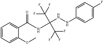 2-methoxy-N-[2,2,2-trifluoro-1-[2-(4-fluorophenyl)hydrazino]-1-(trifluoromethyl)ethyl]benzamide Struktur