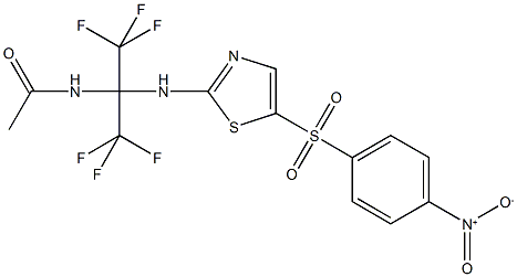 N-[2,2,2-trifluoro-1-{[5-({4-nitrophenyl}sulfonyl)-1,3-thiazol-2-yl]amino}-1-(trifluoromethyl)ethyl]acetamide Struktur