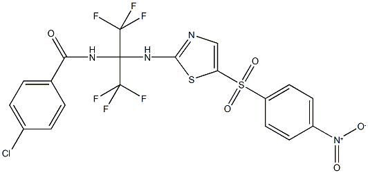 4-chloro-N-[2,2,2-trifluoro-1-{[5-({4-nitrophenyl}sulfonyl)-1,3-thiazol-2-yl]amino}-1-(trifluoromethyl)ethyl]benzamide Struktur