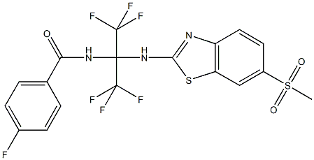 4-fluoro-N-[2,2,2-trifluoro-1-{[6-(methylsulfonyl)-1,3-benzothiazol-2-yl]amino}-1-(trifluoromethyl)ethyl]benzamide Struktur