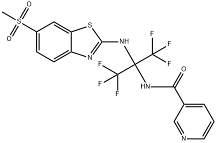 N-[2,2,2-trifluoro-1-{[6-(methylsulfonyl)-1,3-benzothiazol-2-yl]amino}-1-(trifluoromethyl)ethyl]nicotinamide Struktur