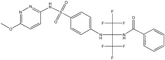 N-[2,2,2-trifluoro-1-(4-{[(6-methoxy-3-pyridazinyl)amino]sulfonyl}anilino)-1-(trifluoromethyl)ethyl]benzamide Struktur