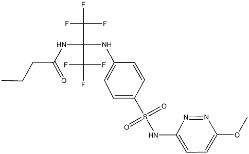 N-[2,2,2-trifluoro-1-(4-{[(6-methoxy-3-pyridazinyl)amino]sulfonyl}anilino)-1-(trifluoromethyl)ethyl]butanamide Struktur