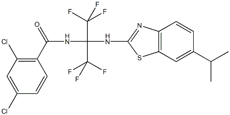 2,4-dichloro-N-[2,2,2-trifluoro-1-[(6-isopropyl-1,3-benzothiazol-2-yl)amino]-1-(trifluoromethyl)ethyl]benzamide Struktur