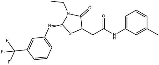 2-(3-ethyl-4-oxo-2-{[3-(trifluoromethyl)phenyl]imino}-1,3-thiazolidin-5-yl)-N-(3-methylphenyl)acetamide Struktur