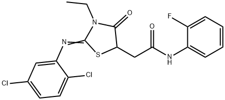 2-{2-[(2,5-dichlorophenyl)imino]-3-ethyl-4-oxo-1,3-thiazolidin-5-yl}-N-(2-fluorophenyl)acetamide Struktur