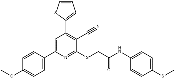 2-{[3-cyano-6-(4-methoxyphenyl)-4-thien-2-ylpyridin-2-yl]sulfanyl}-N-[4-(methylsulfanyl)phenyl]acetamide Struktur