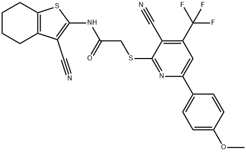 2-{[3-cyano-6-(4-methoxyphenyl)-4-(trifluoromethyl)pyridin-2-yl]sulfanyl}-N-(3-cyano-4,5,6,7-tetrahydro-1-benzothien-2-yl)acetamide Struktur