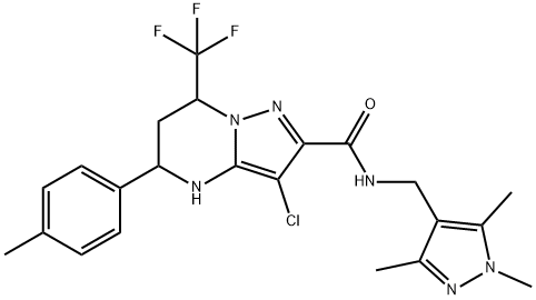 3-chloro-5-(4-methylphenyl)-7-(trifluoromethyl)-N-[(1,3,5-trimethyl-1H-pyrazol-4-yl)methyl]-4,5,6,7-tetrahydropyrazolo[1,5-a]pyrimidine-2-carboxamide Struktur