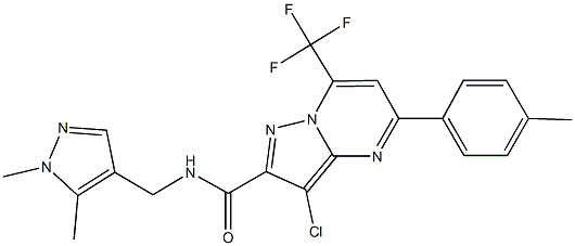 3-chloro-N-[(1,5-dimethyl-1H-pyrazol-4-yl)methyl]-5-(4-methylphenyl)-7-(trifluoromethyl)pyrazolo[1,5-a]pyrimidine-2-carboxamide Struktur