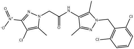 2-{4-chloro-3-nitro-5-methyl-1H-pyrazol-1-yl}-N-[1-(2,6-dichlorobenzyl)-3,5-dimethyl-1H-pyrazol-4-yl]acetamide Struktur