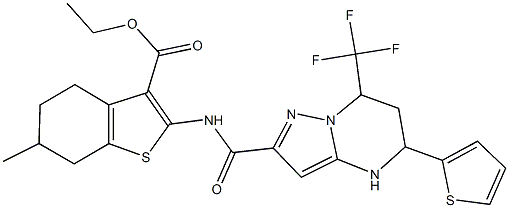 ethyl 6-methyl-2-({[5-(2-thienyl)-7-(trifluoromethyl)-4,5,6,7-tetrahydropyrazolo[1,5-a]pyrimidin-2-yl]carbonyl}amino)-4,5,6,7-tetrahydro-1-benzothiophene-3-carboxylate Struktur