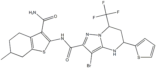 N-[3-(aminocarbonyl)-6-methyl-4,5,6,7-tetrahydro-1-benzothien-2-yl]-3-bromo-5-(2-thienyl)-7-(trifluoromethyl)-4,5,6,7-tetrahydropyrazolo[1,5-a]pyrimidine-2-carboxamide Struktur