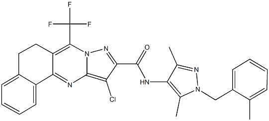 11-chloro-N-[3,5-dimethyl-1-(2-methylbenzyl)-1H-pyrazol-4-yl]-7-(trifluoromethyl)-5,6-dihydrobenzo[h]pyrazolo[5,1-b]quinazoline-10-carboxamide Struktur