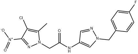 2-{4-chloro-3-nitro-5-methyl-1H-pyrazol-1-yl}-N-[1-(4-fluorobenzyl)-1H-pyrazol-4-yl]acetamide Struktur