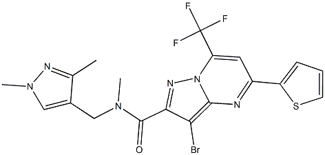 3-bromo-N-[(1,3-dimethyl-1H-pyrazol-4-yl)methyl]-N-methyl-5-(2-thienyl)-7-(trifluoromethyl)pyrazolo[1,5-a]pyrimidine-2-carboxamide Struktur