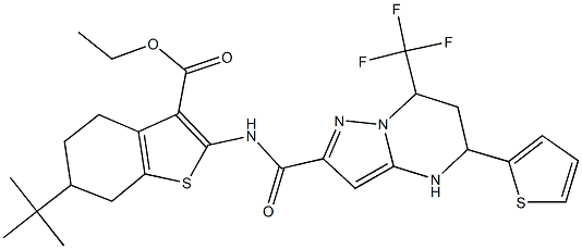 ethyl 6-tert-butyl-2-({[5-(2-thienyl)-7-(trifluoromethyl)-4,5,6,7-tetrahydropyrazolo[1,5-a]pyrimidin-2-yl]carbonyl}amino)-4,5,6,7-tetrahydro-1-benzothiophene-3-carboxylate Struktur