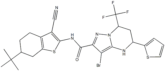 3-bromo-N-(6-tert-butyl-3-cyano-4,5,6,7-tetrahydro-1-benzothien-2-yl)-5-(2-thienyl)-7-(trifluoromethyl)-4,5,6,7-tetrahydropyrazolo[1,5-a]pyrimidine-2-carboxamide Struktur