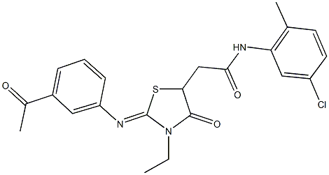 2-{2-[(3-acetylphenyl)imino]-3-ethyl-4-oxo-1,3-thiazolidin-5-yl}-N-(5-chloro-2-methylphenyl)acetamide Struktur