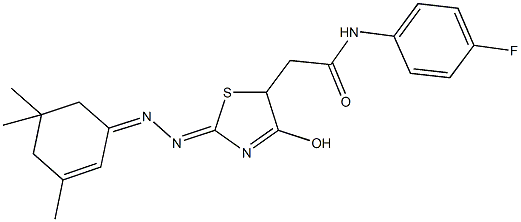 N-(4-fluorophenyl)-2-{4-hydroxy-2-[(3,5,5-trimethyl-2-cyclohexen-1-ylidene)hydrazono]-2,5-dihydro-1,3-thiazol-5-yl}acetamide Struktur