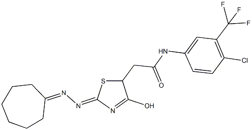 N-[4-chloro-3-(trifluoromethyl)phenyl]-2-[2-(cycloheptylidenehydrazono)-4-hydroxy-2,5-dihydro-1,3-thiazol-5-yl]acetamide Struktur