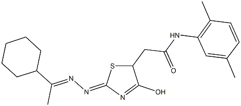 2-{2-[(1-cyclohexylethylidene)hydrazono]-4-hydroxy-2,5-dihydro-1,3-thiazol-5-yl}-N-(2,5-dimethylphenyl)acetamide Struktur