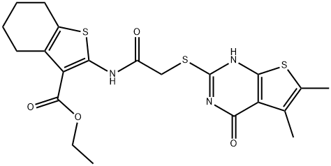 ethyl 2-({[(5,6-dimethyl-4-oxo-3,4-dihydrothieno[2,3-d]pyrimidin-2-yl)sulfanyl]acetyl}amino)-4,5,6,7-tetrahydro-1-benzothiophene-3-carboxylate Struktur