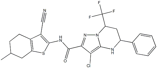 3-chloro-N-(3-cyano-6-methyl-4,5,6,7-tetrahydro-1-benzothien-2-yl)-5-phenyl-7-(trifluoromethyl)-4,5,6,7-tetrahydropyrazolo[1,5-a]pyrimidine-2-carboxamide Struktur