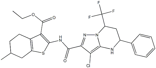 ethyl 2-({[3-chloro-5-phenyl-7-(trifluoromethyl)-4,5,6,7-tetrahydropyrazolo[1,5-a]pyrimidin-2-yl]carbonyl}amino)-6-methyl-4,5,6,7-tetrahydro-1-benzothiophene-3-carboxylate Struktur