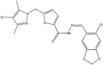 N'-[(6-chloro-1,3-benzodioxol-5-yl)methylene]-5-[(4-chloro-3,5-dimethyl-1H-pyrazol-1-yl)methyl]-2-furohydrazide Struktur