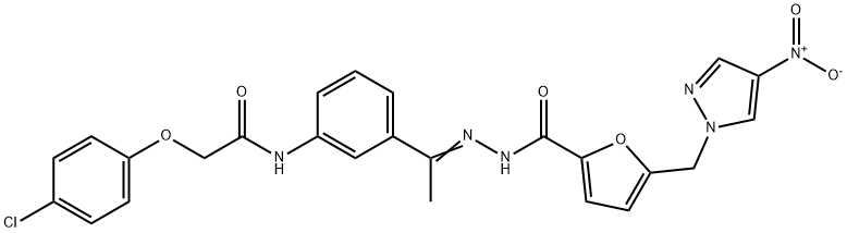 2-(4-chlorophenoxy)-N-(3-{N-[5-({4-nitro-1H-pyrazol-1-yl}methyl)-2-furoyl]ethanehydrazonoyl}phenyl)acetamide Struktur