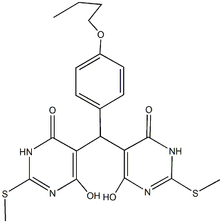 5-{(4-butoxyphenyl)[4-hydroxy-2-(methylsulfanyl)-6-oxo-1,6-dihydro-5-pyrimidinyl]methyl}-6-hydroxy-2-(methylsulfanyl)-4(3H)-pyrimidinone Struktur