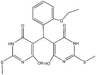 5-{(2-ethoxyphenyl)[4-hydroxy-2-(methylsulfanyl)-6-oxo-1,6-dihydro-5-pyrimidinyl]methyl}-6-hydroxy-2-(methylsulfanyl)-4(3H)-pyrimidinone Struktur