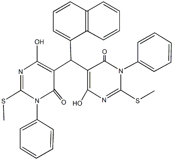 6-hydroxy-5-[[4-hydroxy-2-(methylsulfanyl)-6-oxo-1-phenyl-1,6-dihydro-5-pyrimidinyl](1-naphthyl)methyl]-2-(methylsulfanyl)-3-phenyl-4(3H)-pyrimidinone Struktur