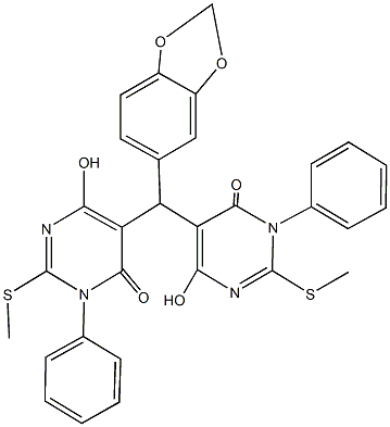 5-{1,3-benzodioxol-5-yl[4-hydroxy-2-(methylsulfanyl)-6-oxo-1-phenyl-1,6-dihydro-5-pyrimidinyl]methyl}-6-hydroxy-2-(methylsulfanyl)-3-phenyl-4(3H)-pyrimidinone Struktur