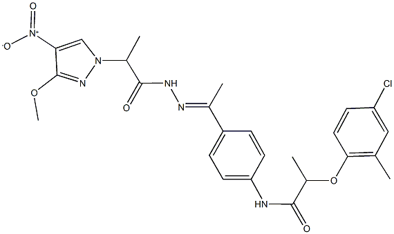 2-(4-chloro-2-methylphenoxy)-N-{4-[N-(2-{4-nitro-3-methoxy-1H-pyrazol-1-yl}propanoyl)ethanehydrazonoyl]phenyl}propanamide Struktur