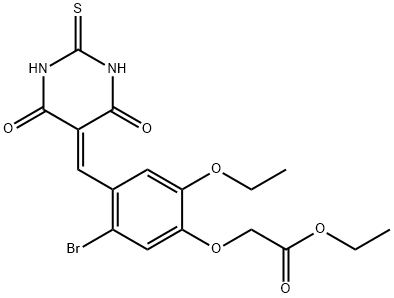 ethyl {5-bromo-4-[(4,6-dioxo-2-thioxotetrahydro-5(2H)-pyrimidinylidene)methyl]-2-ethoxyphenoxy}acetate Struktur