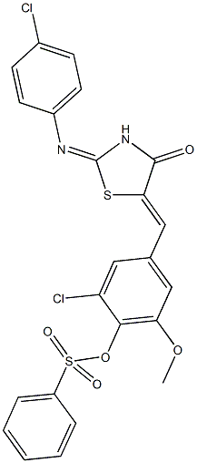 2-chloro-4-({2-[(4-chlorophenyl)imino]-4-oxo-1,3-thiazolidin-5-ylidene}methyl)-6-methoxyphenyl benzenesulfonate Struktur