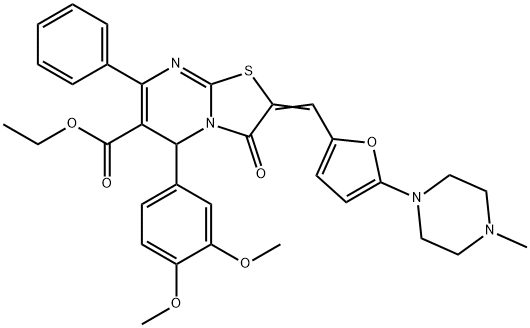 ethyl 5-(3,4-dimethoxyphenyl)-2-{[5-(4-methyl-1-piperazinyl)-2-furyl]methylene}-3-oxo-7-phenyl-2,3-dihydro-5H-[1,3]thiazolo[3,2-a]pyrimidine-6-carboxylate Struktur