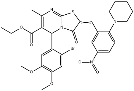 ethyl 5-(2-bromo-4,5-dimethoxyphenyl)-2-[5-nitro-2-(1-piperidinyl)benzylidene]-7-methyl-3-oxo-2,3-dihydro-5H-[1,3]thiazolo[3,2-a]pyrimidine-6-carboxylate Struktur