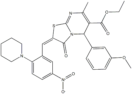 ethyl 2-[5-nitro-2-(1-piperidinyl)benzylidene]-5-(3-methoxyphenyl)-7-methyl-3-oxo-2,3-dihydro-5H-[1,3]thiazolo[3,2-a]pyrimidine-6-carboxylate Struktur