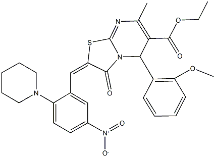 ethyl 2-[5-nitro-2-(1-piperidinyl)benzylidene]-5-(2-methoxyphenyl)-7-methyl-3-oxo-2,3-dihydro-5H-[1,3]thiazolo[3,2-a]pyrimidine-6-carboxylate Struktur