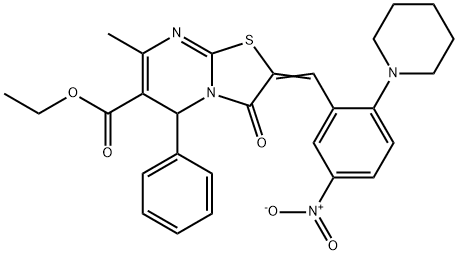 ethyl 2-[5-nitro-2-(1-piperidinyl)benzylidene]-7-methyl-3-oxo-5-phenyl-2,3-dihydro-5H-[1,3]thiazolo[3,2-a]pyrimidine-6-carboxylate Struktur