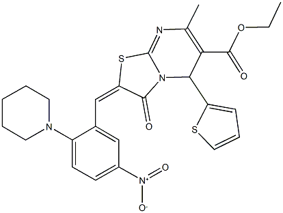 ethyl 2-[5-nitro-2-(1-piperidinyl)benzylidene]-7-methyl-3-oxo-5-(2-thienyl)-2,3-dihydro-5H-[1,3]thiazolo[3,2-a]pyrimidine-6-carboxylate Struktur