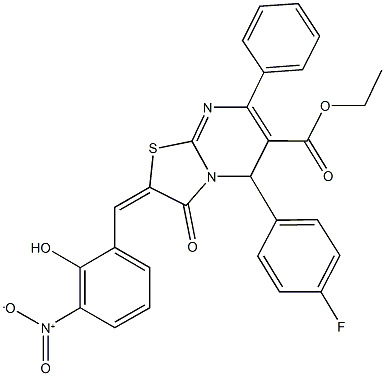 ethyl 5-(4-fluorophenyl)-2-{2-hydroxy-3-nitrobenzylidene}-3-oxo-7-phenyl-2,3-dihydro-5H-[1,3]thiazolo[3,2-a]pyrimidine-6-carboxylate Struktur