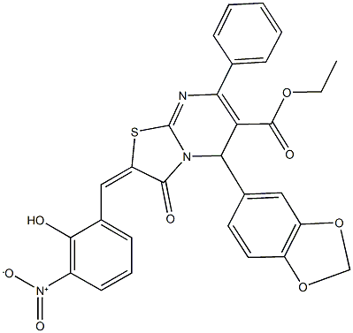 ethyl 5-(1,3-benzodioxol-5-yl)-2-{2-hydroxy-3-nitrobenzylidene}-3-oxo-7-phenyl-2,3-dihydro-5H-[1,3]thiazolo[3,2-a]pyrimidine-6-carboxylate Struktur