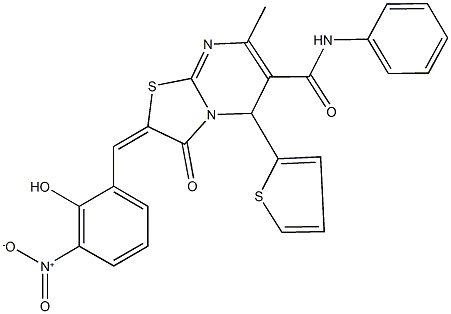 2-{2-hydroxy-3-nitrobenzylidene}-7-methyl-3-oxo-N-phenyl-5-(2-thienyl)-2,3-dihydro-5H-[1,3]thiazolo[3,2-a]pyrimidine-6-carboxamide Struktur